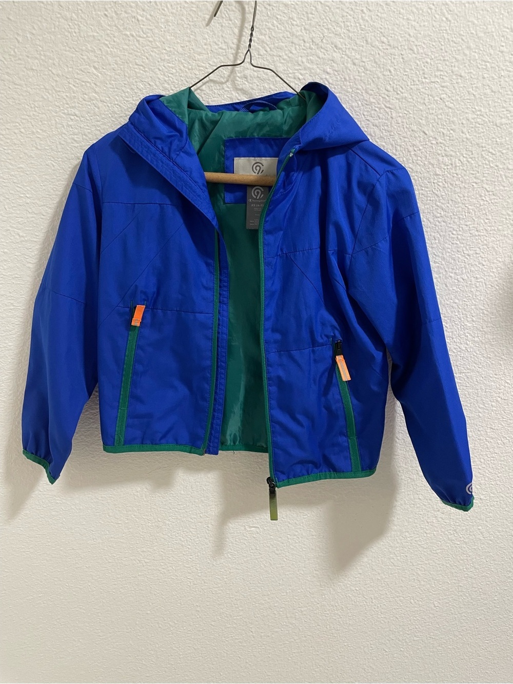 Champion Kids Blue Hooded Rain Jacket with Green Trim